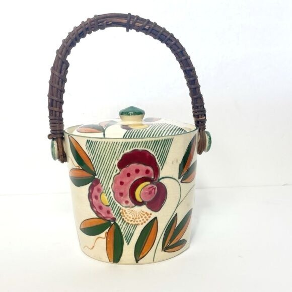 Vintage Japanese Biscuit Cookie Jar Rattan Handle Lidded Vibrant Floral - Picture 3 of 9